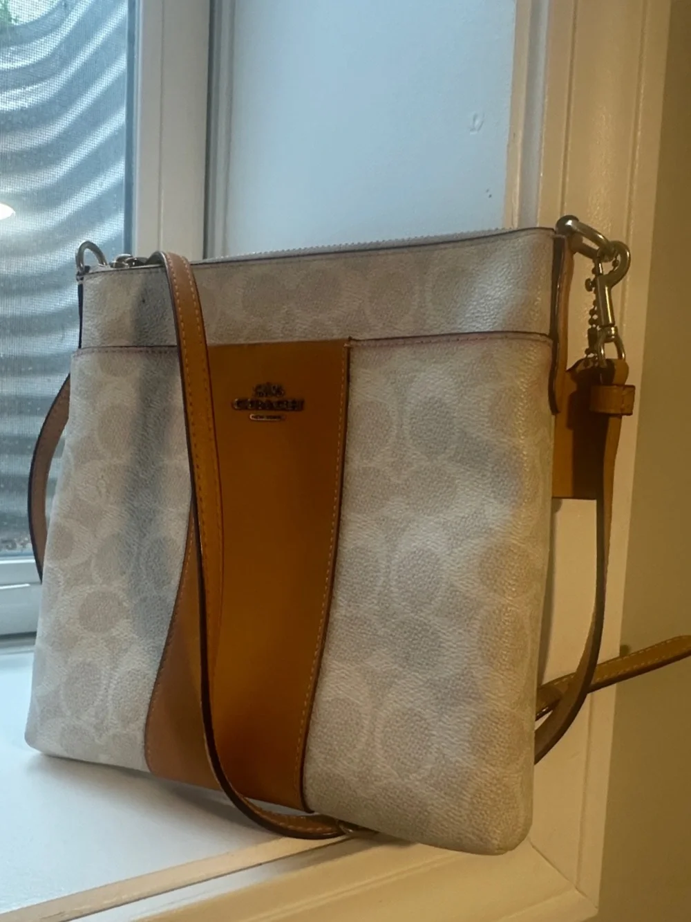 Coach White Canvas Crossbody with Gold Leather Center Panel